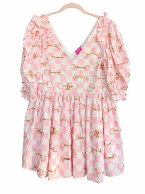 Queen of Sparkles Derby Dress- Pink & White Checkered Puff Sleeve Mini Dress